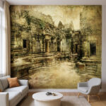 3D Angkor Wat Inspired Ancient Stone Temple Mural - Rustic Textured Architecture Wallpaper for Living Room