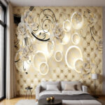 Luxury 3D Beige Tufted Leather Texture Wallpaper with Golden Roses and Glowing Orbs - Premium Bedroom Decor