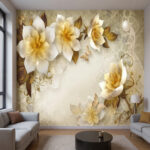 Premium 3D Embossed Cream Magnolia Wallpaper with Golden Leaves and Butterflies - Elegant High-Fidelity Wall Mural