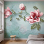 Artistic 3D Pink Magnolia Branch Mural - Textured Teal Canvas Style Floral Wallpaper for Boutique Interiors