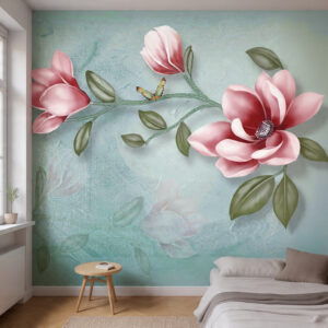 artistic-3d-pink-magnolia-branch-mural-textured-teal-canvas-style-floral-wallpaper-for-boutique-interiors