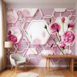 Contemporary 3D Pink Rose & Geometric Hexagon Lattice Wallpaper - Soft Blush Abstract Mural for Modern Homes