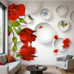 Vibrant 3D Red Rose & Water Reflection Wallpaper - Modern Abstract Circular Ring Mural with Blue Butterflies