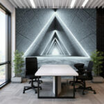 Futuristic 3D Triangular Infinity Tunnel Mural - Industrial Grey Concrete Texture Wallpaper for Modern Office Spaces