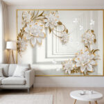 Luxury 3D White Lily Wallpaper with Gold-Trimmed Edges - Minimalist Abstract Infinity Hallway Mural for Living Room