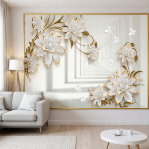 luxury-3d-white-lily-wallpaper-with-gold-trimmed-edges-minimalist-abstract-infinity-hallway-mural-for-living-room